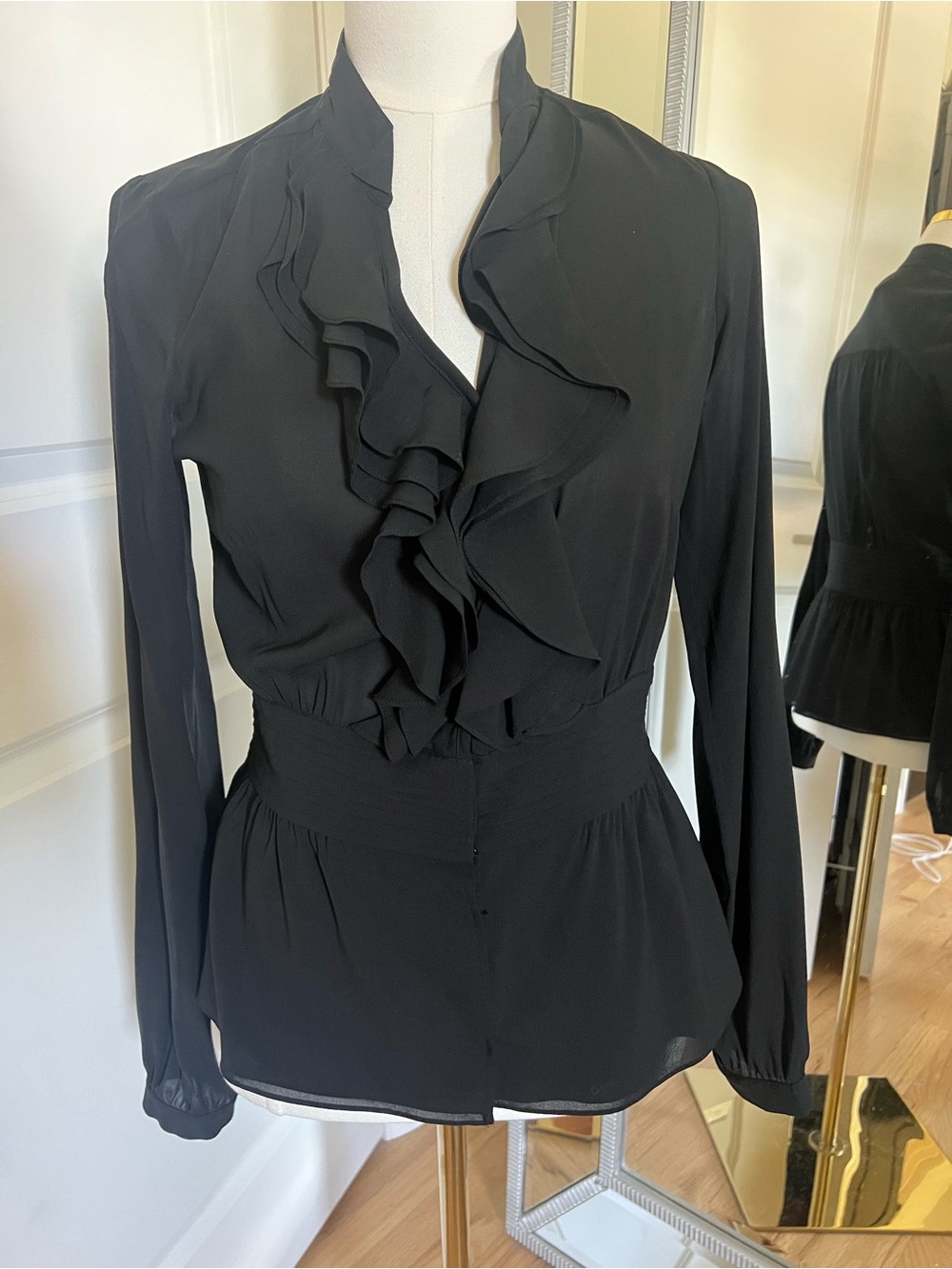 Mia Via Black Silk Ruffle-Front Long Sleeve Defined Waist Blouse